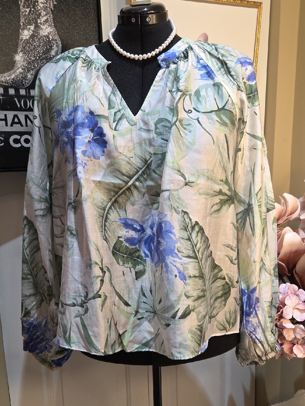 Nwt 1X Joie Floral V-Neck Long-Sleeve Blouse in Blue & Green